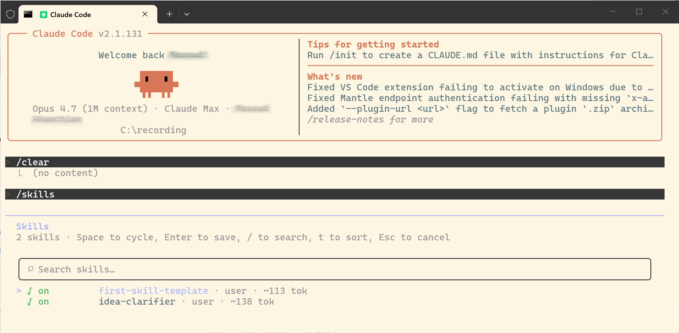 Claude Code's /skills picker showing idea-clarifier and first-skill-template after installing the Knack Starter Pack.